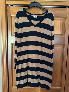 Old Navy Black and Tan Striped V-Neck Sweater Dress
